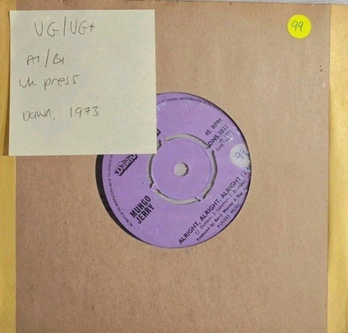 Mungo Jerry Alright Alright Alright Vinyl Record 7" VG/VG+ DNS 1037 1973 sleeve Mungo Jerry Alright Alright Alright Vinyl Record 7" VG/VG+ DNS 1037 1973 sleeve