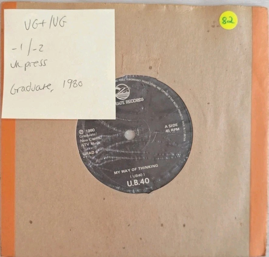 UB40 My Way Of Thinking Vinyl Record 7" VG+/VG GRAD8 1980 sleeve UB40 My Way Of Thinking Vinyl Record 7" VG+/VG GRAD8 1980 sleeve