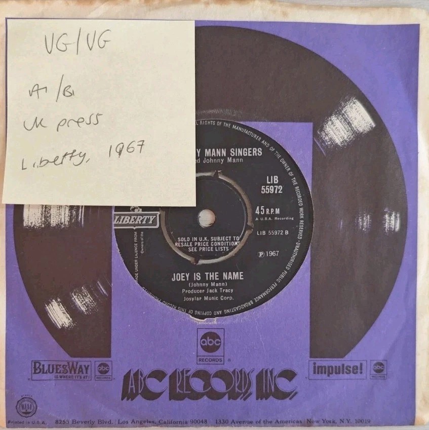 The Johnny Mann Singers Up-Up And Away Vinyl Record 7" VG/VG LIB 55972 1967 sleeve The Johnny Mann Singers Up-Up And Away Vinyl Record 7" VG/VG LIB 55972 1967 sleeve
