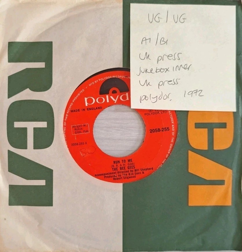 Bee Gees Run To Me Vinyl Record 7" VG/VG 2058255 1972 sleeve Bee Gees Run To Me Vinyl Record 7" VG/VG 2058255 1972 sleeve