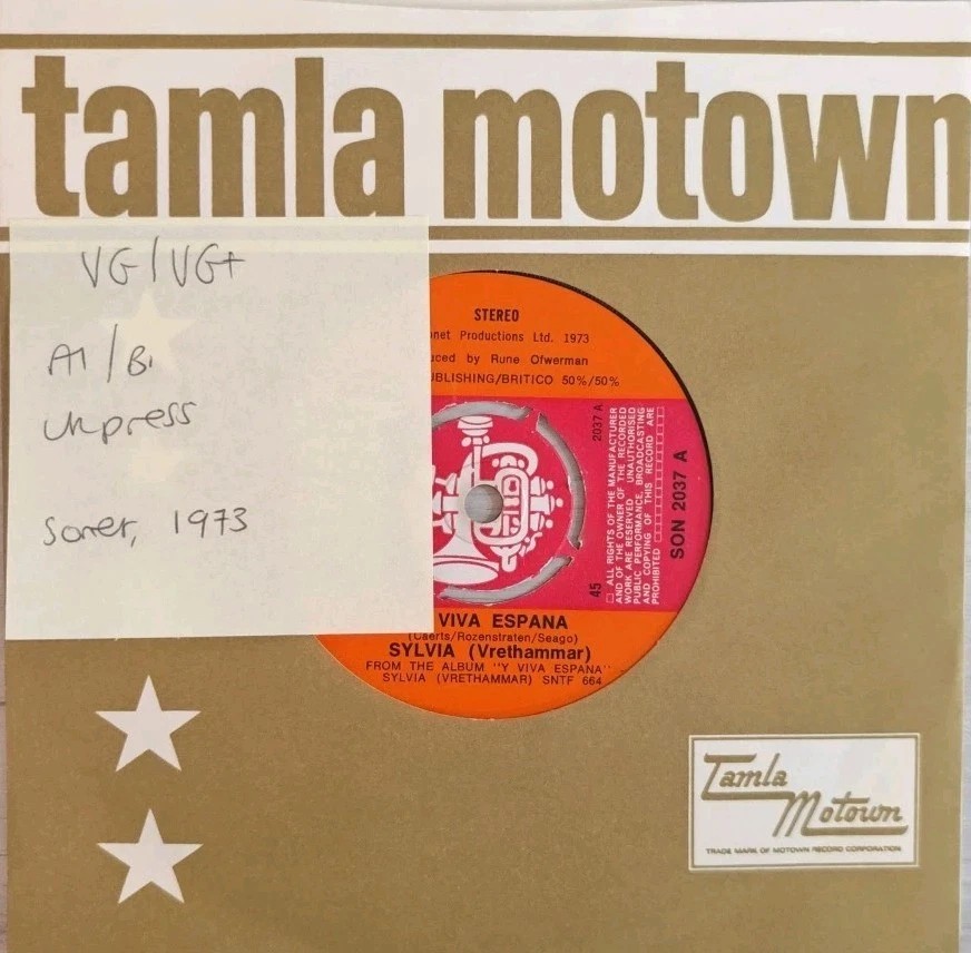 Sylvia Y Viva Espana Vinyl Record 7" VG/VG+ SON 2037 1973 sleeve Sylvia Y Viva Espana Vinyl Record 7" VG/VG+ SON 2037 1973 sleeve