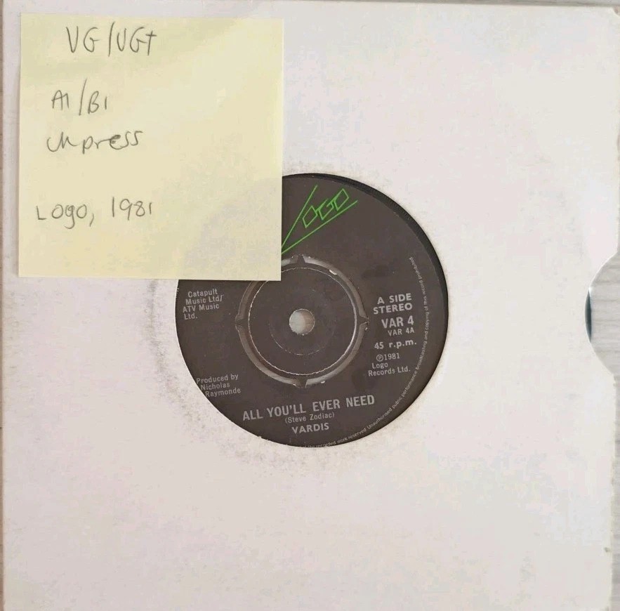 Vardis All You'll Ever Need Vinyl Record 7" VG/VG+ VAR4 1981 sleeve Vardis All You'll Ever Need Vinyl Record 7" VG/VG+ VAR4 1981 sleeve