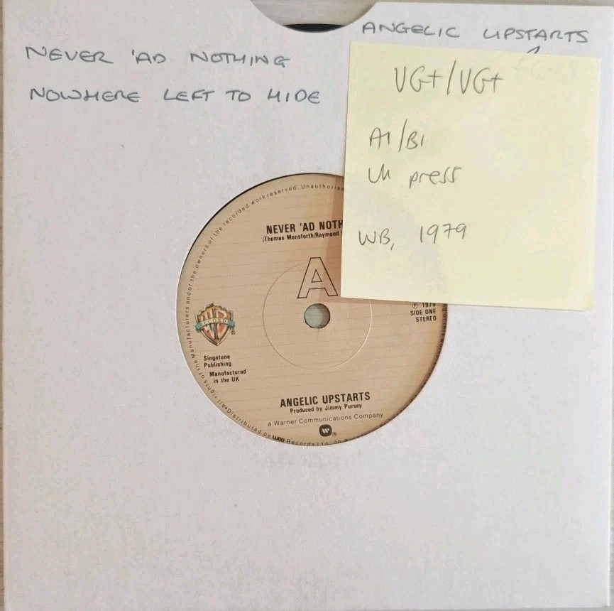Angelic Upstarts Never 'Ad Nothin' Vinyl Record 7" VG+/VG+ K17476 1979 sleeve Angelic Upstarts Never 'Ad Nothin' Vinyl Record 7" VG+/VG+ K17476 1979 sleeve
