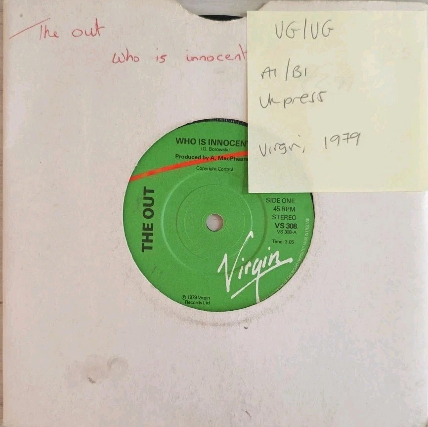 The Out Who Is Innocent? Vinyl Record 7" VG/VG VS308 1979 sleeve The Out Who Is Innocent? Vinyl Record 7" VG/VG VS308 1979 sleeve