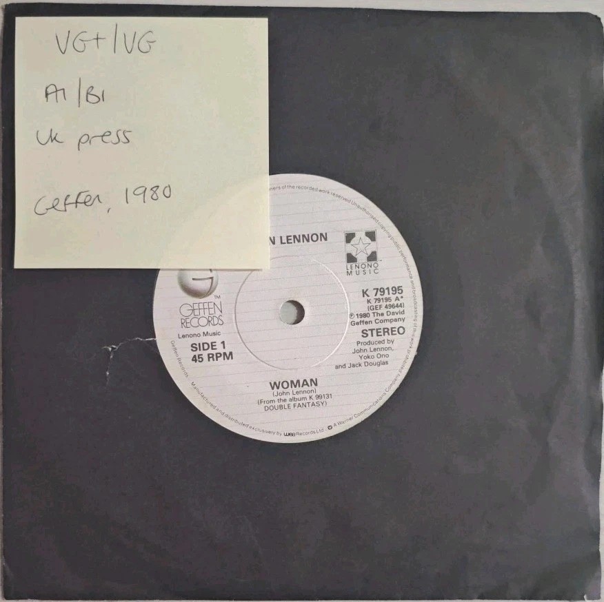 John Lennon Woman Vinyl Record 7" VG+/VG K79195 1980 sleeve John Lennon Woman Vinyl Record 7" VG+/VG K79195 1980 sleeve
