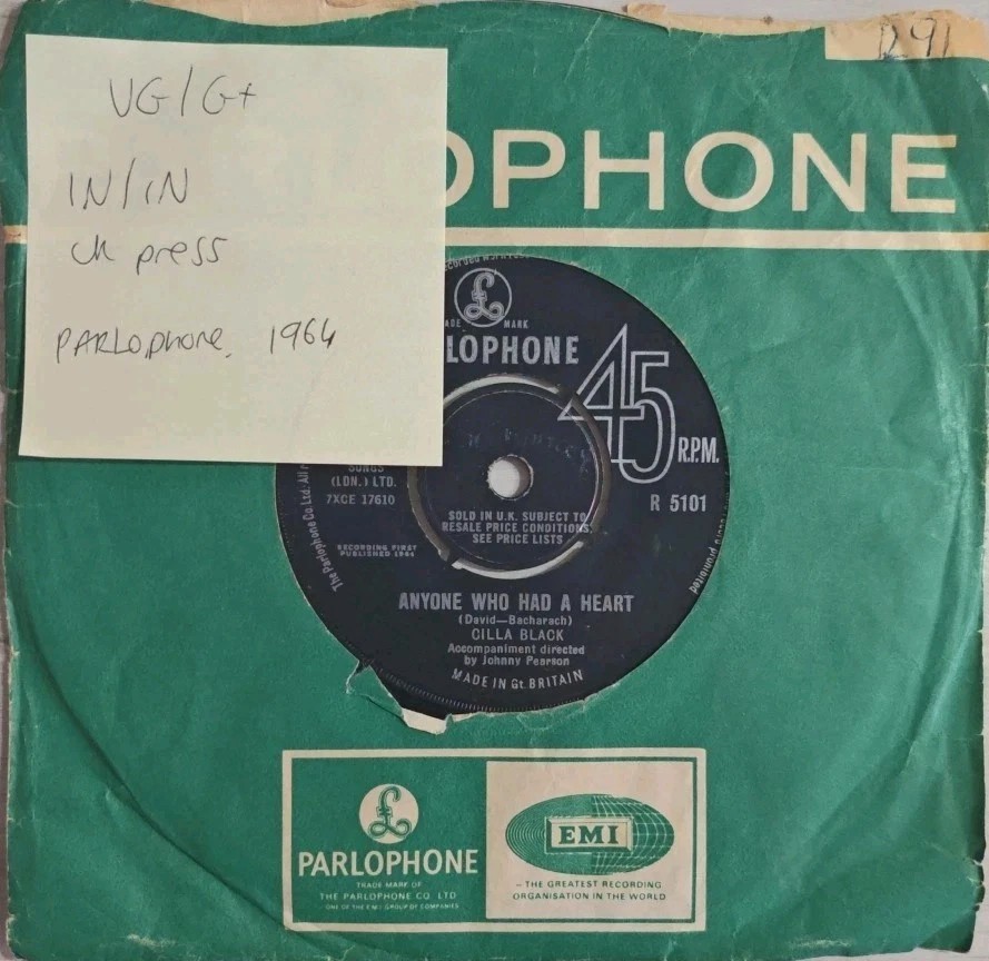 Cilla Black Anyone Who Had A Heart Vinyl Record 7" VG/G+ R5101 1964 sleeve Cilla Black Anyone Who Had A Heart Vinyl Record 7" VG/G+ R5101 1964 sleeve