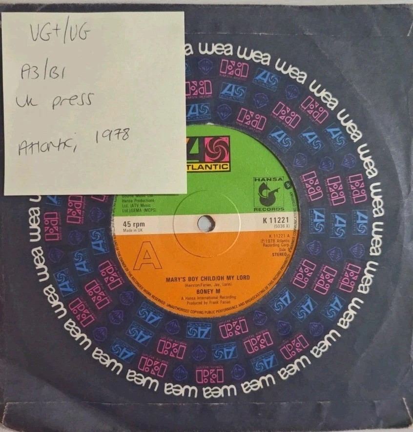 Boney M Mary's Boy Child/Oh My Lord Vinyl Record 7" VG+/VG K11221 1978 sleeve Boney M Mary's Boy Child/Oh My Lord Vinyl Record 7" VG+/VG K11221 1978 sleeve