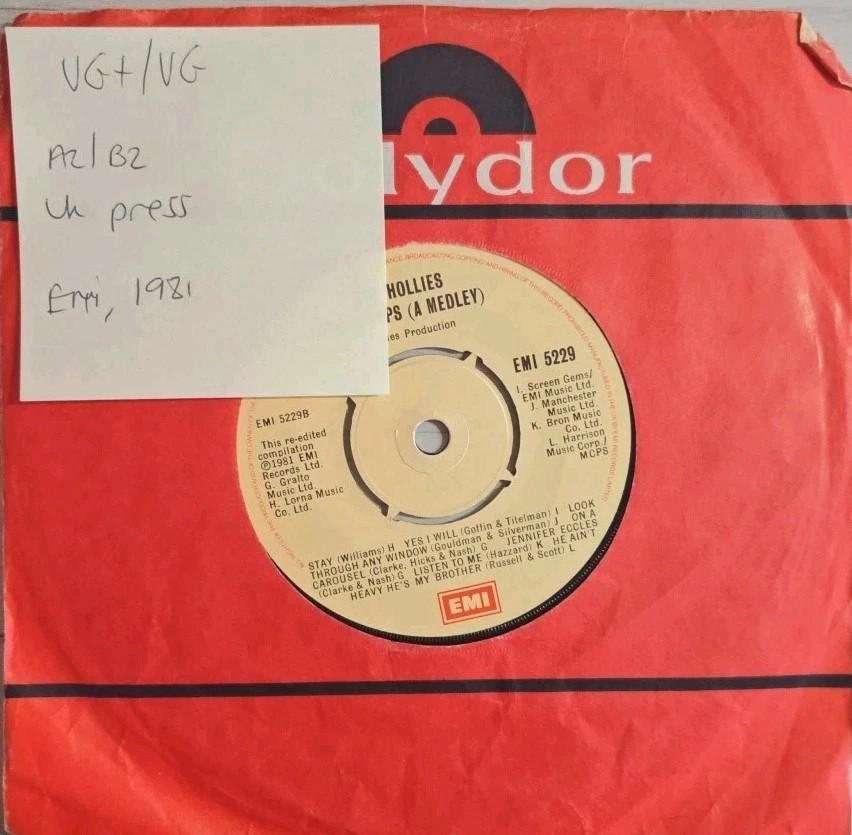The Hollies Holliedaze Vinyl Record 7" VG+/VG EMI 5229 1981 sleeve The Hollies Holliedaze Vinyl Record 7" VG+/VG EMI 5229 1981 sleeve