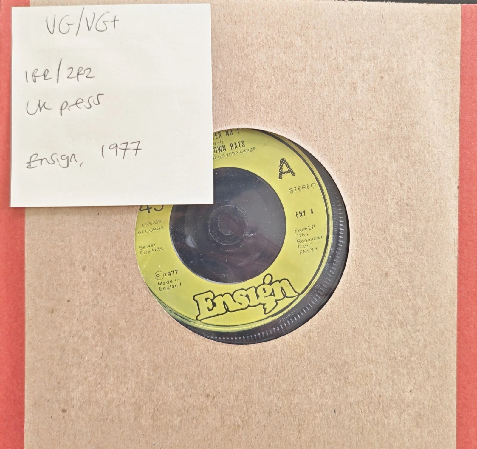 The Boomtown Rats Lookin' After No. 1 7 Vinyl Record 7" VG/VG+ ENY 4 1977 sleeve The Boomtown Rats Lookin' After No. 1 7 Vinyl Record 7" VG/VG+ ENY 4 1977 sleeve