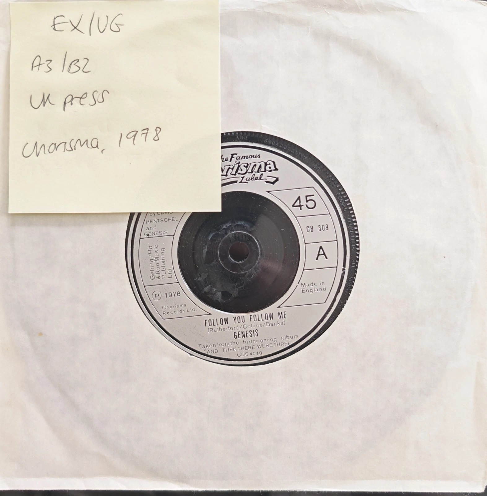 Genesis Follow You Follow Me / Ballad Of Big Vinyl Record 7" EX/VG CB 309 1978 sleeve Genesis Follow You Follow Me / Ballad Of Big Vinyl Record 7" EX/VG CB 309 1978 sleeve