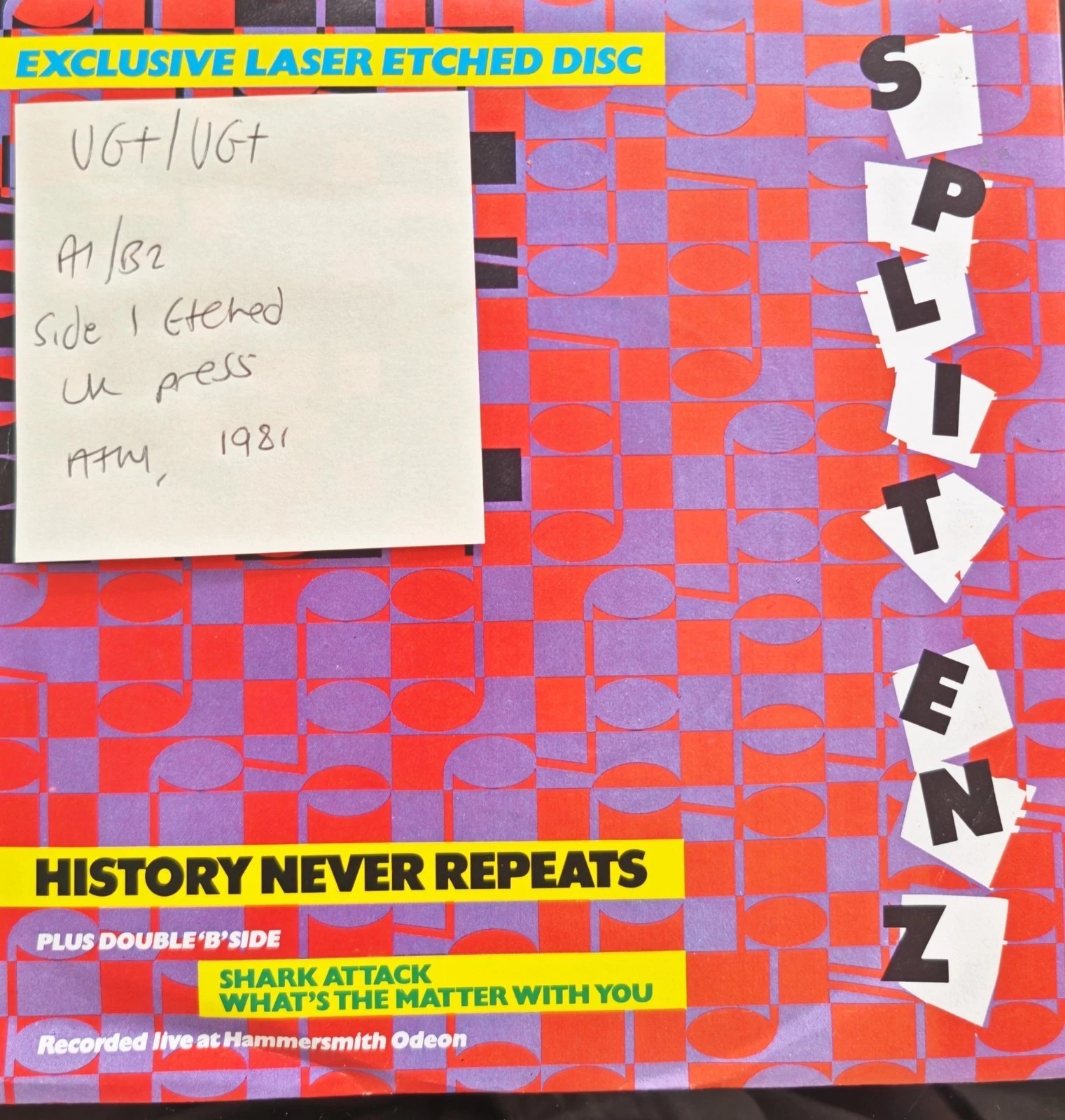 Split Enz History Never Repeats Vinyl Record 7" VG+/VG+ AMS8128 1981 sleeve Split Enz History Never Repeats Vinyl Record 7" VG+/VG+ AMS8128 1981 sleeve