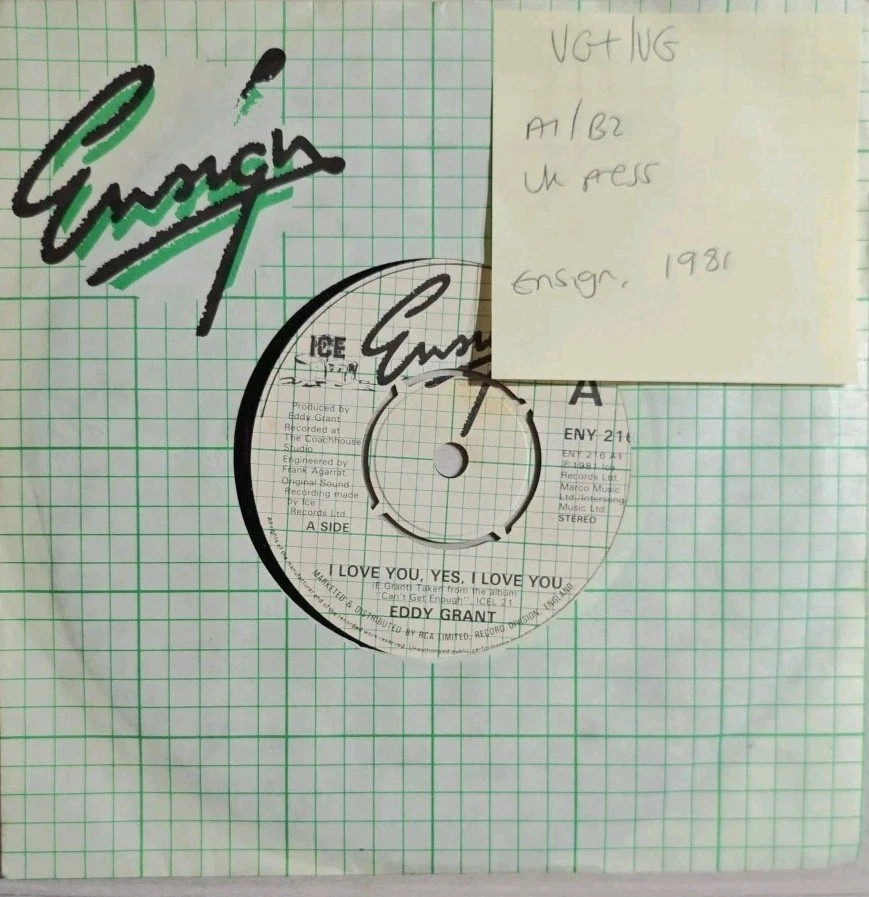 Eddy Grant I Love You Yes, I Love You Vinyl Record 7" VG+/VG ENY 216 1981 sleeve Eddy Grant I Love You Yes, I Love You Vinyl Record 7" VG+/VG ENY 216 1981 sleeve
