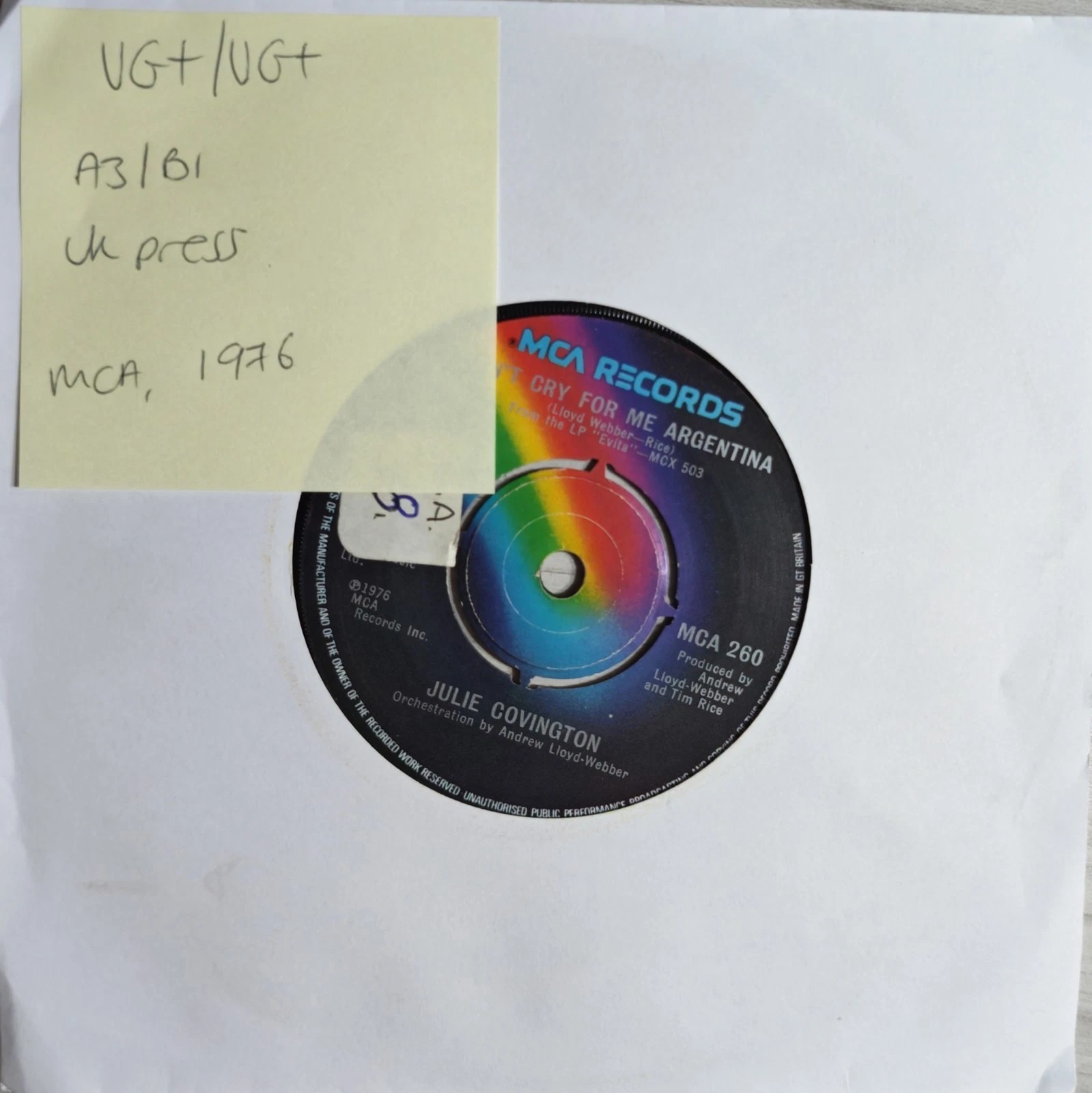 Julie Covington Don't Cry For Me Argentina Vinyl Record 7" VG+/VG+ MCA 260 1976 sleeve Julie Covington Don't Cry For Me Argentina Vinyl Record 7" VG+/VG+ MCA 260 1976 sleeve
