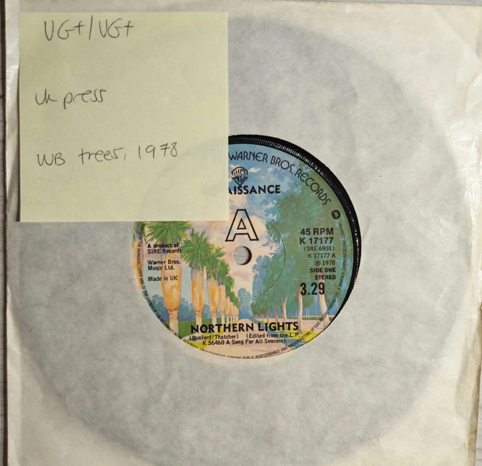 Renaissance Northern Lights Vinyl Record 7" VG+/VG+ K 17177 1978 sleeve Renaissance Northern Lights Vinyl Record 7" VG+/VG+ K 17177 1978 sleeve