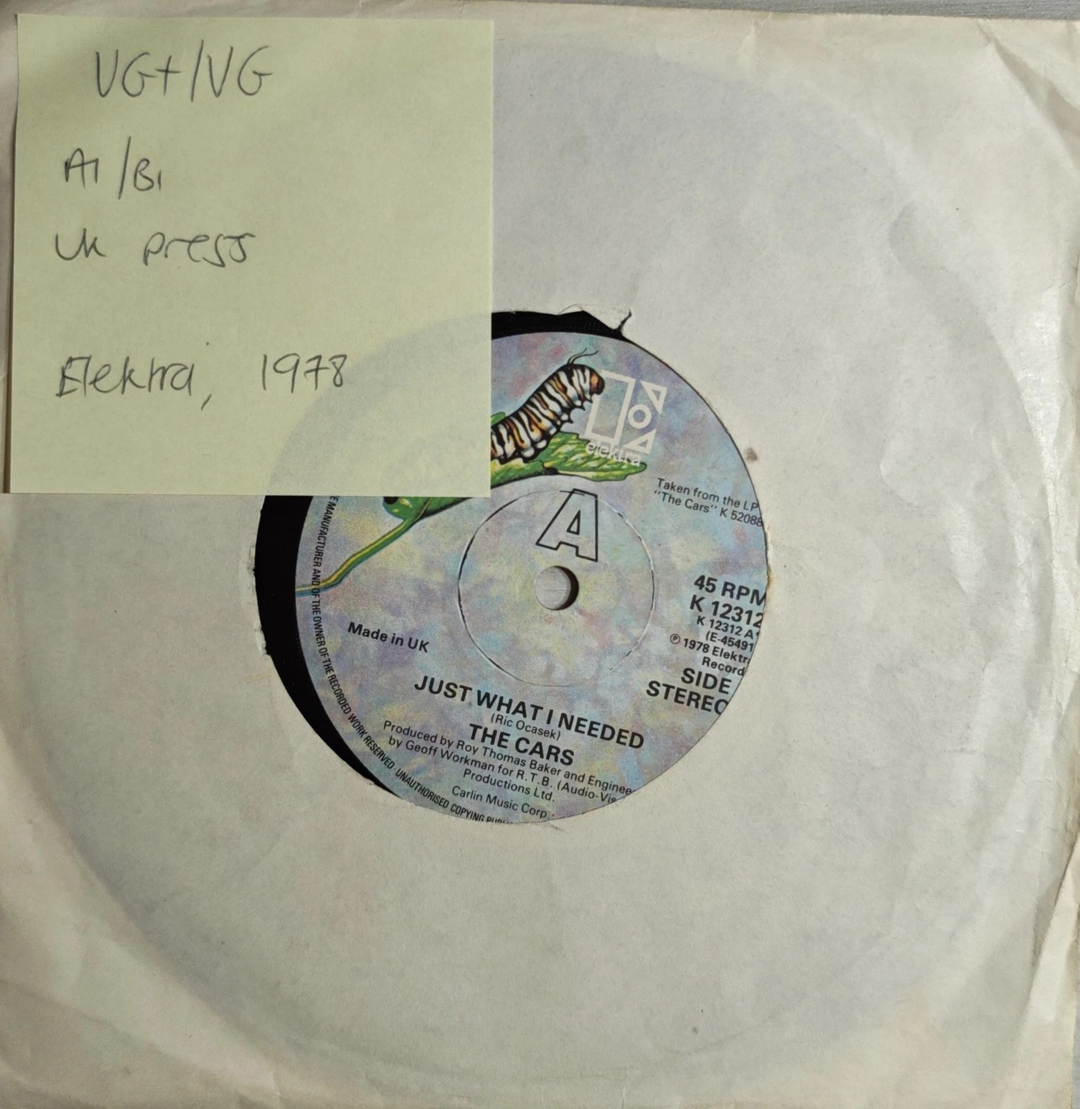 The Cars Just What I Needed Vinyl Record 7" VG/VG K12312 1978 sleeve The Cars Just What I Needed Vinyl Record 7" VG/VG K12312 1978 sleeve