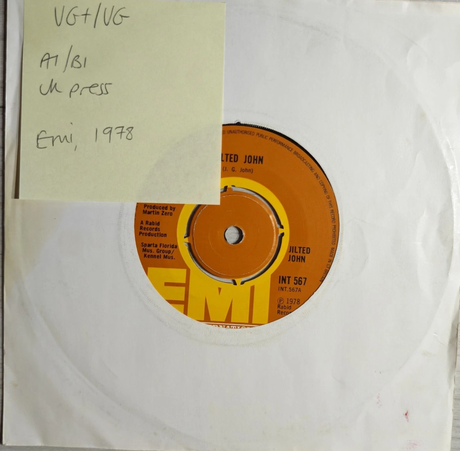 Jilted John Going Steady Vinyl Record 7" VG+/VG INT567 1978 sleeve Jilted John Going Steady Vinyl Record 7" VG+/VG INT567 1978 sleeve