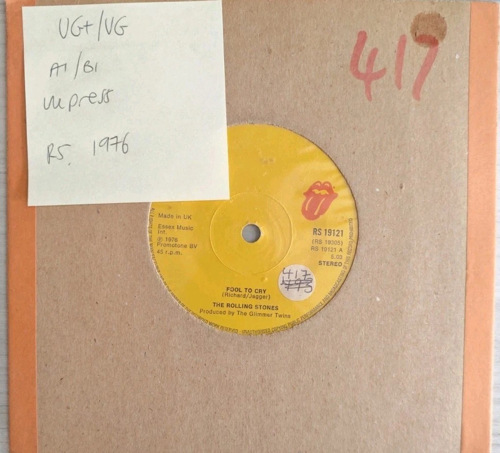 The Rolling Stones Fool To Cry Vinyl Record 7" VG+/VG RS 19121 1976 sleeve The Rolling Stones Fool To Cry Vinyl Record 7" VG+/VG RS 19121 1976 sleeve