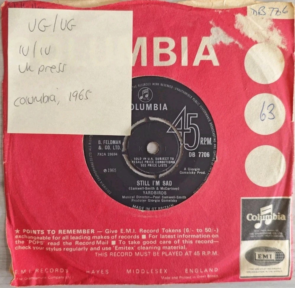 The Yardbirds Still I'm Sad/ Evil Hearted Vinyl Record 7" VG/VG DB7706 1965 sleeve The Yardbirds Still I'm Sad/ Evil Hearted Vinyl Record 7" VG/VG DB7706 1965 sleeve