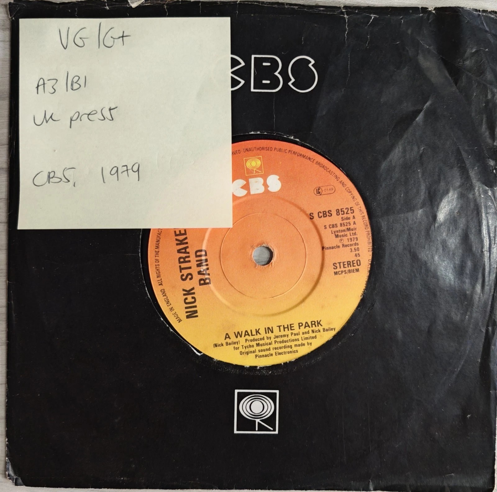 Nick Straker Band A Walk In The Park Vinyl Record 7" VG/G+ CBS 8525 1979 sleeve Nick Straker Band A Walk In The Park Vinyl Record 7" VG/G+ CBS 8525 1979 sleeve