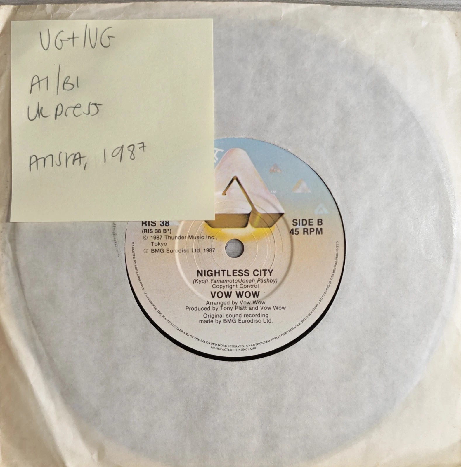Vow Wow Don't Leave Me Now Vinyl Record 7" VG+/VG RIS38 1987 sleeve Vow Wow Don't Leave Me Now Vinyl Record 7" VG+/VG RIS38 1987 sleeve