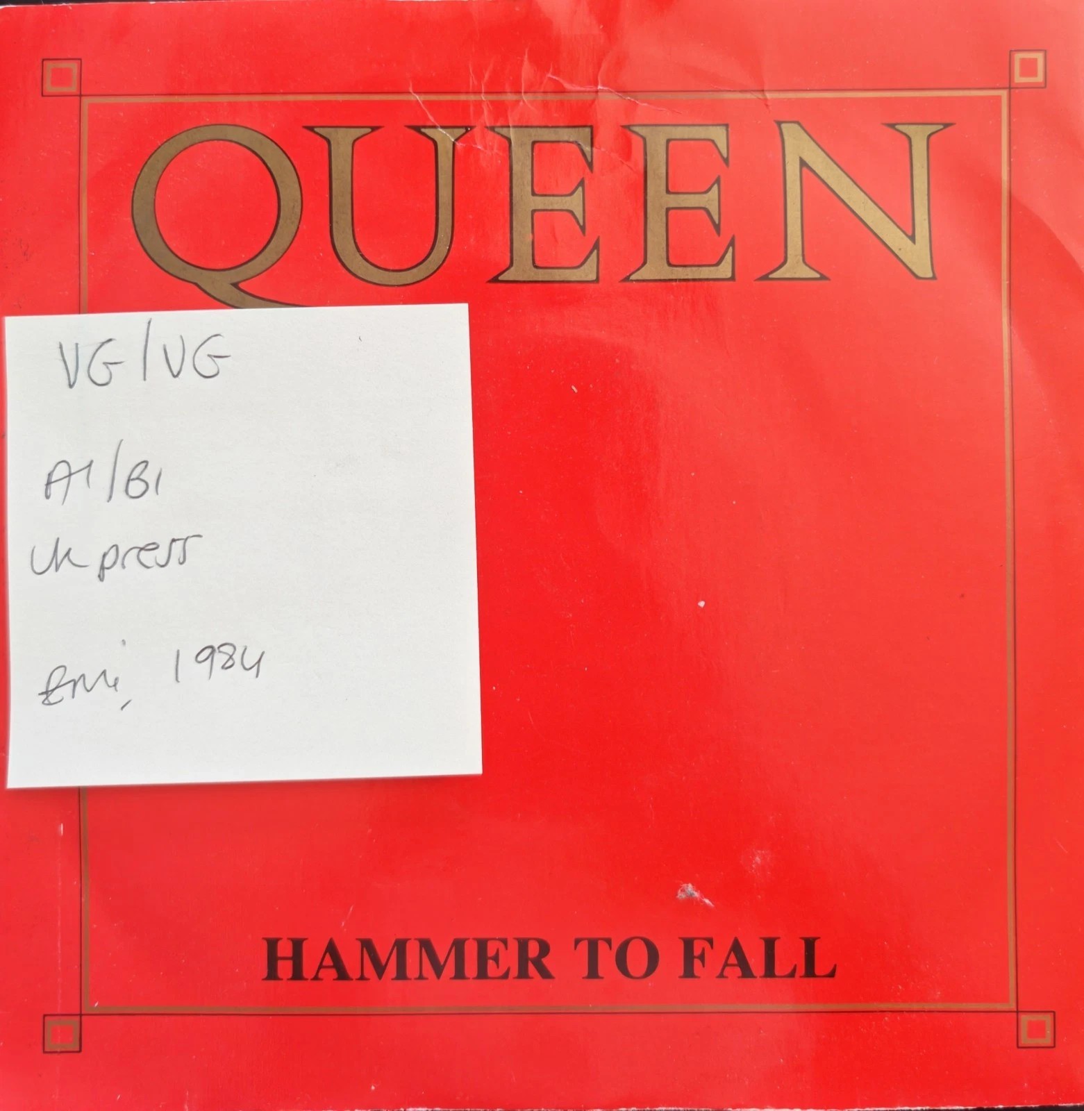 Queen Hammer To Fall Vinyl Record 7" VG/VG QUEEN4 1984 sleeve Queen Hammer To Fall Vinyl Record 7" VG/VG QUEEN4 1984 sleeve