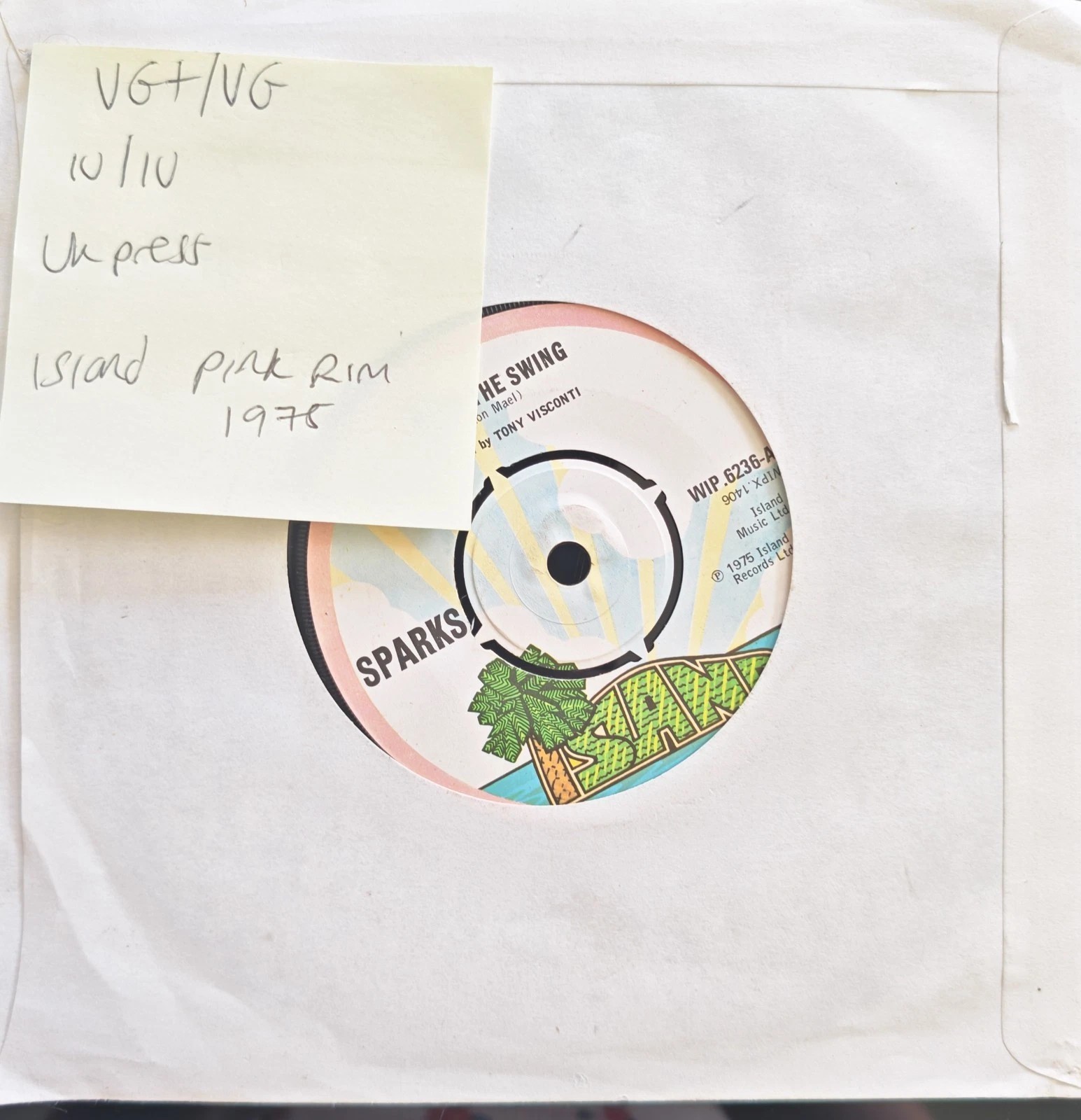 Sparks Get In The Swing Vinyl Record 7" VG+/VG WIP 6236 1975 sleeve Sparks Get In The Swing Vinyl Record 7" VG+/VG WIP 6236 1975 sleeve