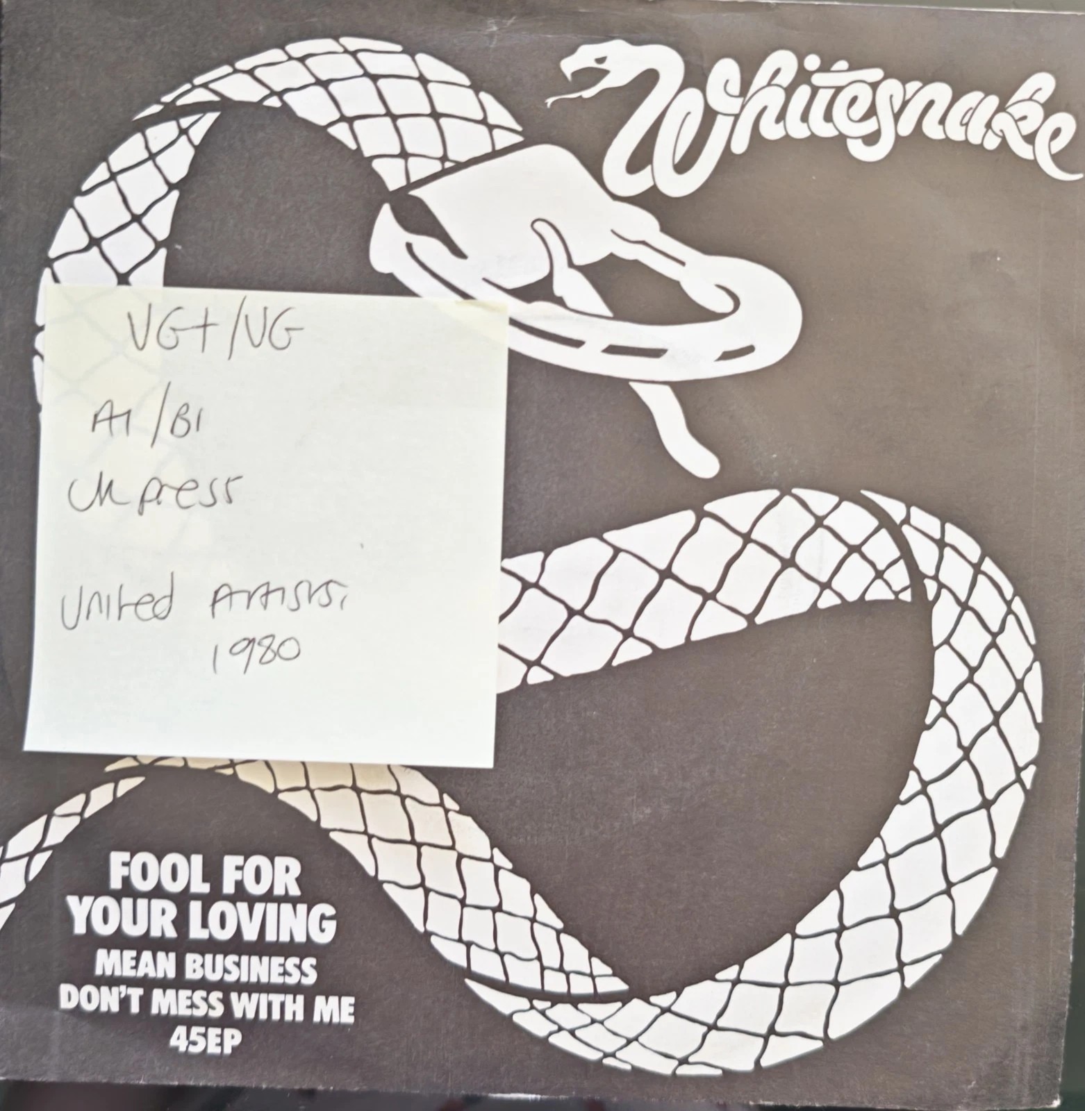 Whitesnake Fool For Your Loving Vinyl Record 7" VG+/VG 45EP 1979 vinyl record sleeve Whitesnake Fool For Your Loving Vinyl Record 7" VG+/VG 45EP 1979 vinyl record sleeve