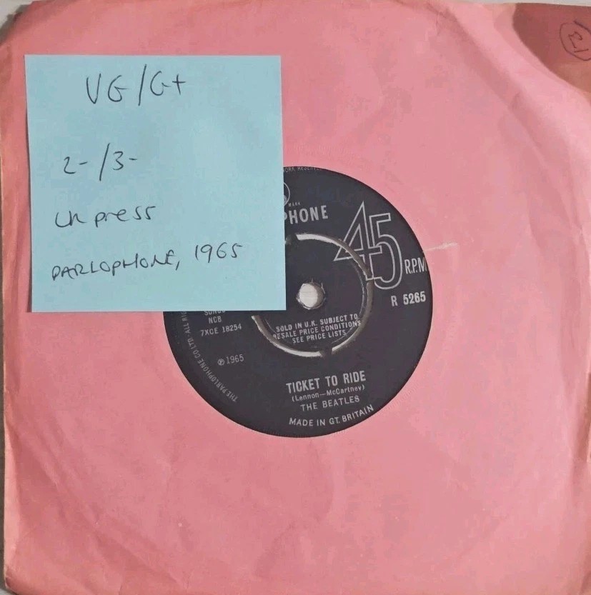 The Beatles Ticket To Ride Vinyl Record 7" VG/G+ R5265 1965 vinyl record sleeve The Beatles Ticket To Ride Vinyl Record 7" VG/G+ R5265 1965 vinyl record sleeve