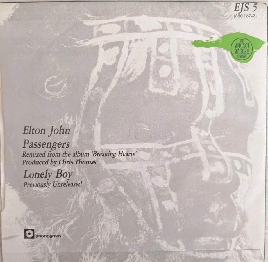 Elton John Passengers Vinyl Record 7" VG/VG EJS 5 1984 vinyl record sleeve Elton John Passengers Vinyl Record 7" VG/VG EJS 5 1984 vinyl record sleeve