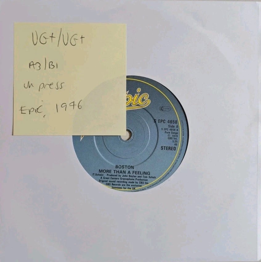 Boston More Than A Feeling Vinyl Record 7" VG+/VG+ EPC4658 1976 vinyl record sleeve Boston More Than A Feeling Vinyl Record 7" VG+/VG+ EPC4658 1976 vinyl record sleeve