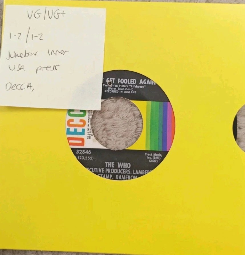 The Who Won't Get Fooled Again Vinyl Record 7" VG/VG+ 32846 vinyl record sleeve The Who Won't Get Fooled Again Vinyl Record 7" VG/VG+ 32846 vinyl record sleeve