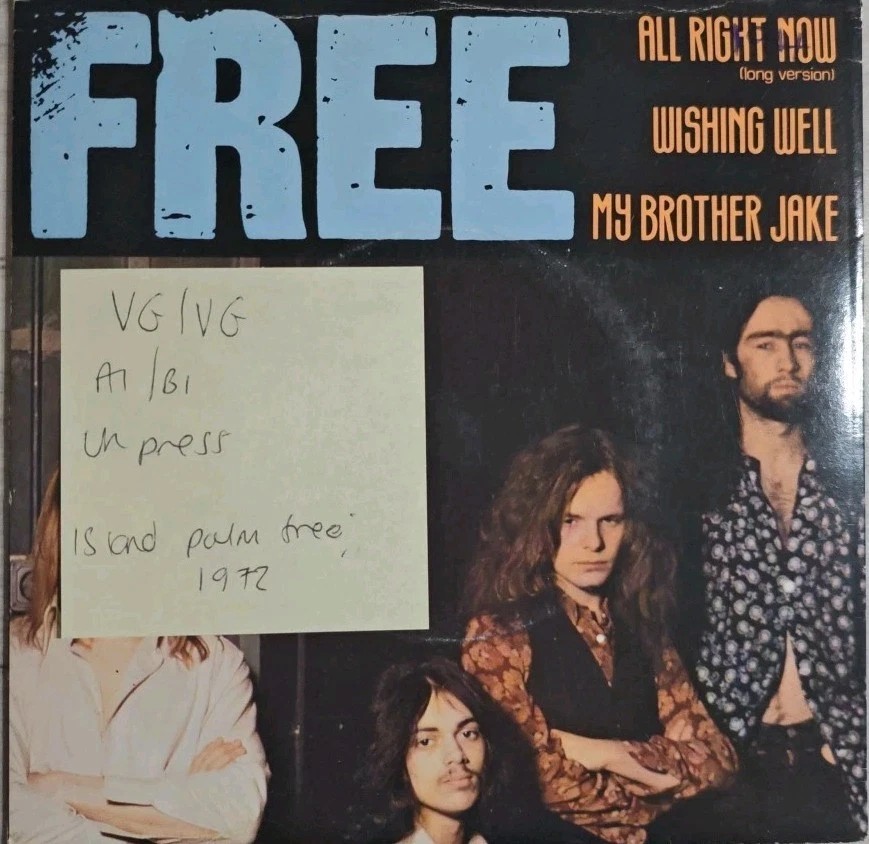 Free All Right Now Vinyl Record 7" VG/VG IEP6 1972 vinyl record sleeve Free All Right Now Vinyl Record 7" VG/VG IEP6 1972 vinyl record sleeve
