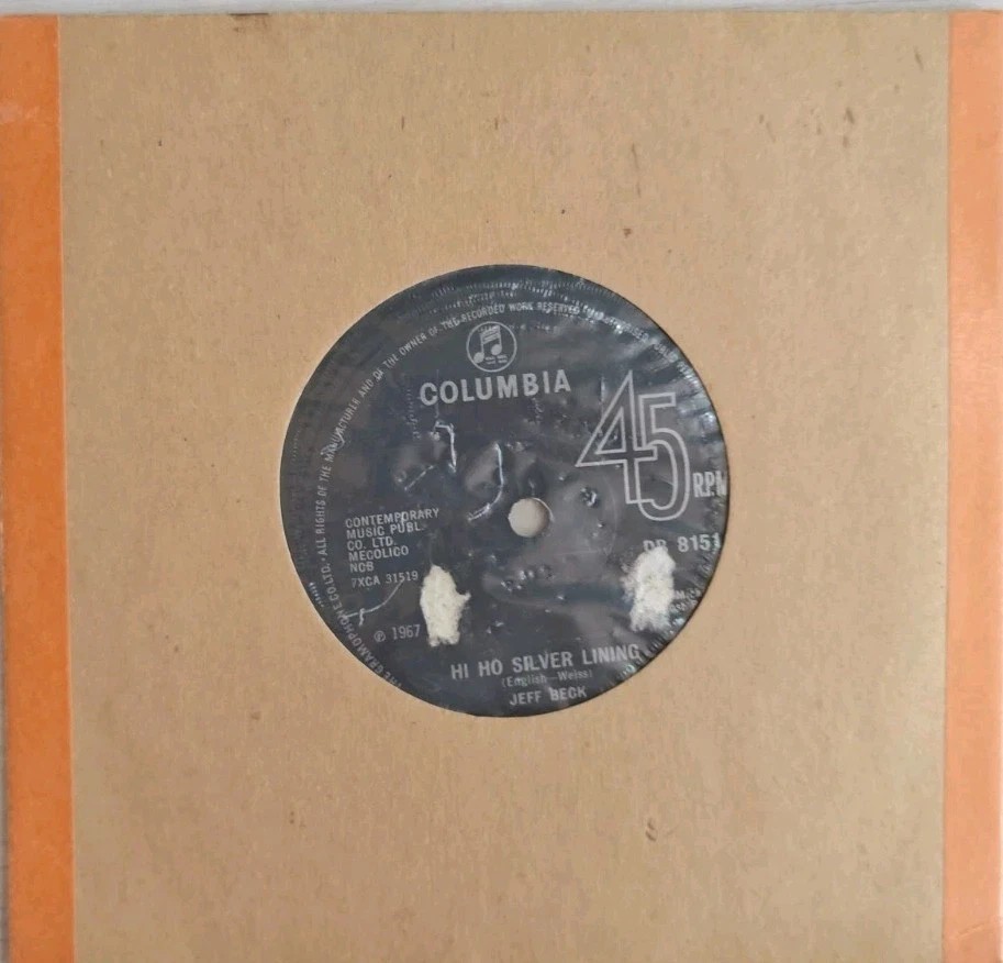 Jeff Beck Hi Ho Silver Lining Vinyl Record 7" VG/VG DB 8151 1967 vinyl record sleeve Jeff Beck Hi Ho Silver Lining Vinyl Record 7" VG/VG DB 8151 1967 vinyl record sleeve