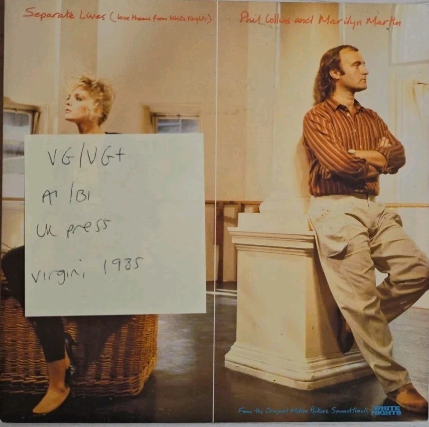 Phil Collins & Marilyn Martin Separate Lives Vinyl Record 7" VG/VG+ VS 818 1985 vinyl record sleeve Phil Collins & Marilyn Martin Separate Lives Vinyl Record 7" VG/VG+ VS 818 1985 vinyl record sleeve
