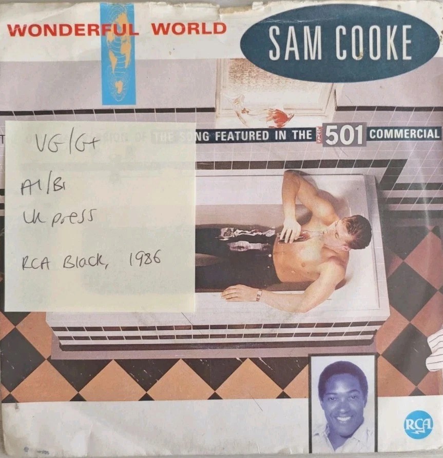 Sam Cooke Wonderful World Vinyl Record 7" VG/G+ PB49871 1986 vinyl record sleeve Sam Cooke Wonderful World Vinyl Record 7" VG/G+ PB49871 1986 vinyl record sleeve