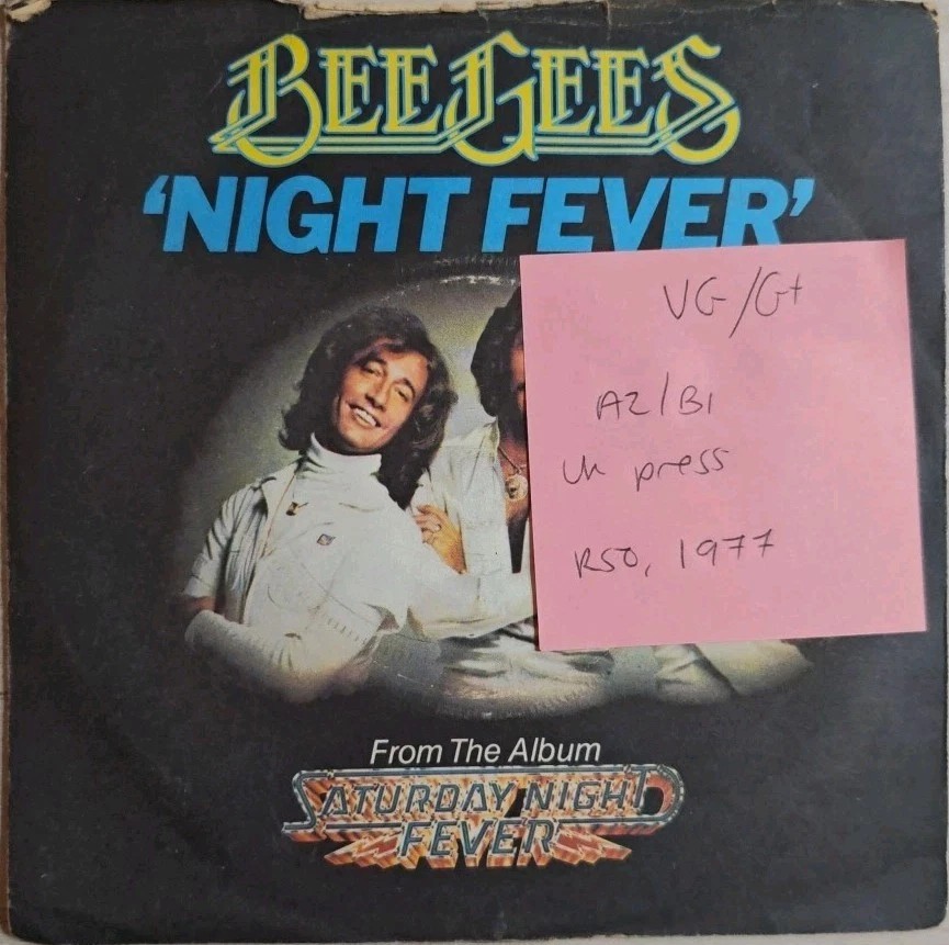 Bee Gees Night Fever Vinyl Record 7" VG/G+ RSO 002 1977 vinyl record sleeve Bee Gees Night Fever Vinyl Record 7" VG/G+ RSO 002 1977 vinyl record sleeve