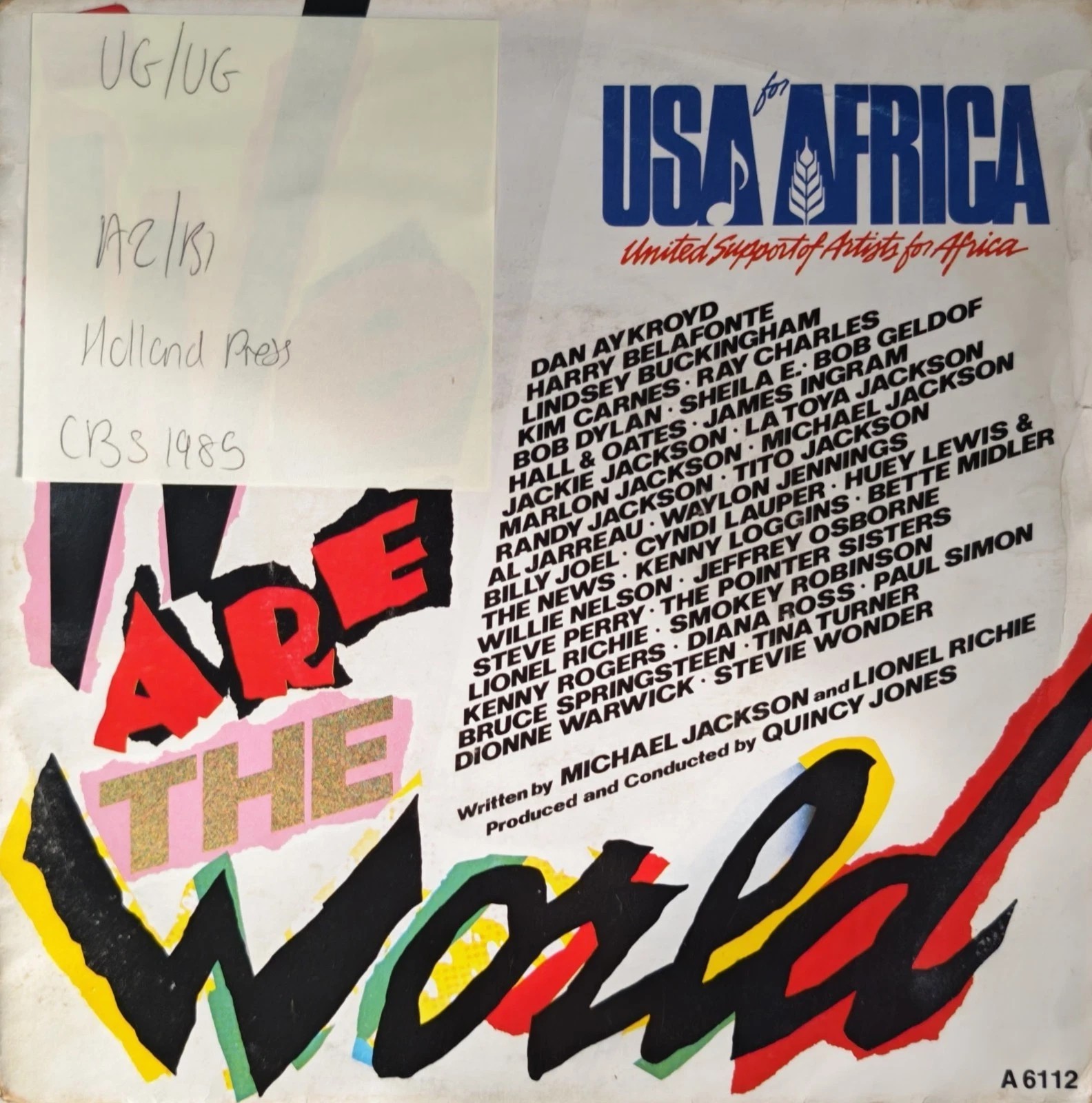 USA For Africa We Are The World Vinyl Record 7" VG/VG A6112 1985 vinyl record sleeve USA For Africa We Are The World Vinyl Record 7" VG/VG A6112 1985 vinyl record sleeve