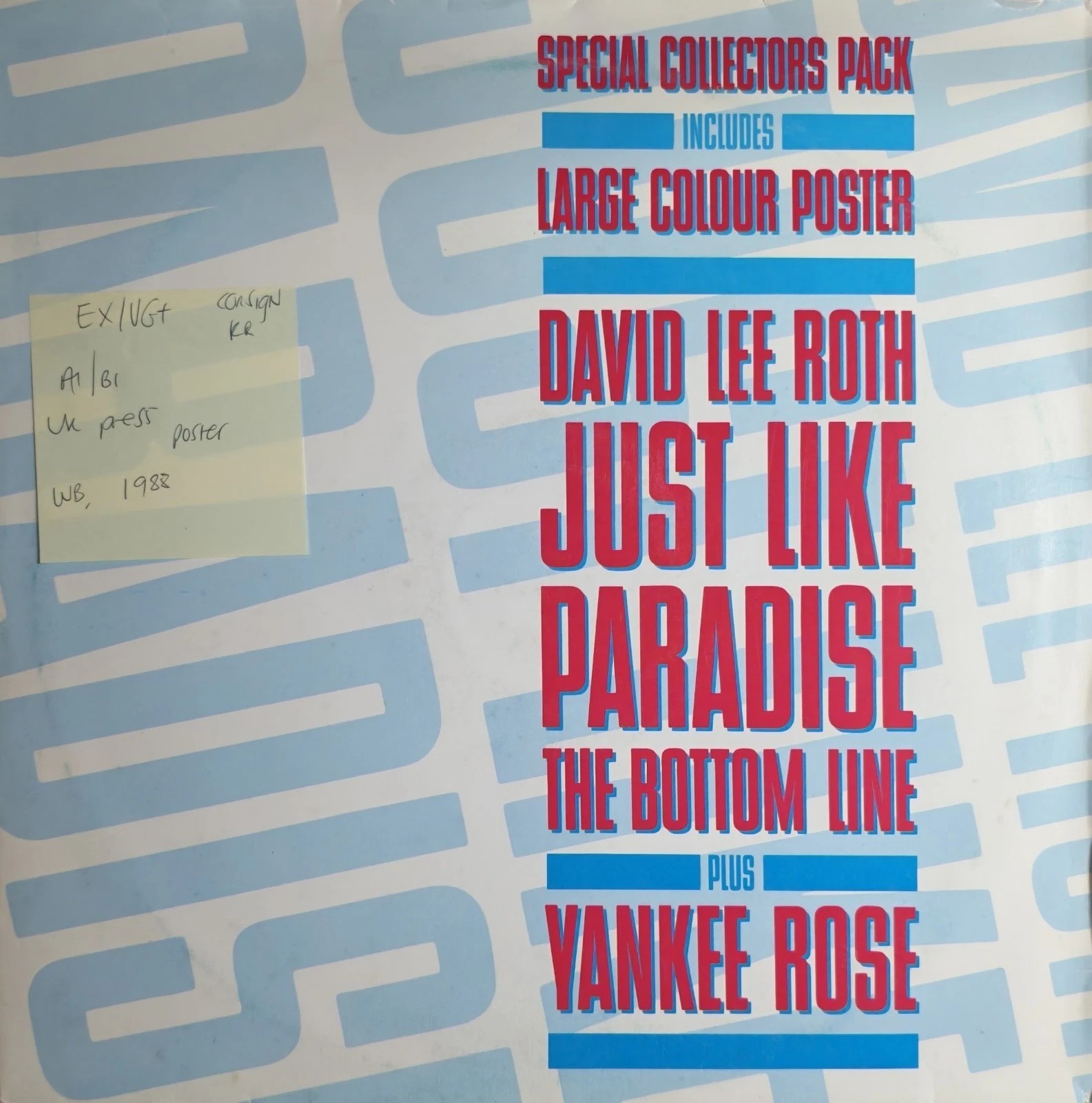 David Lee Roth Just Like Paradise Collector Pack Vinyl Record 12" EX/VG+ W8119TW vinyl record sleeve David Lee Roth Just Like Paradise Collector Pack Vinyl Record 12" EX/VG+ W8119TW vinyl record sleeve