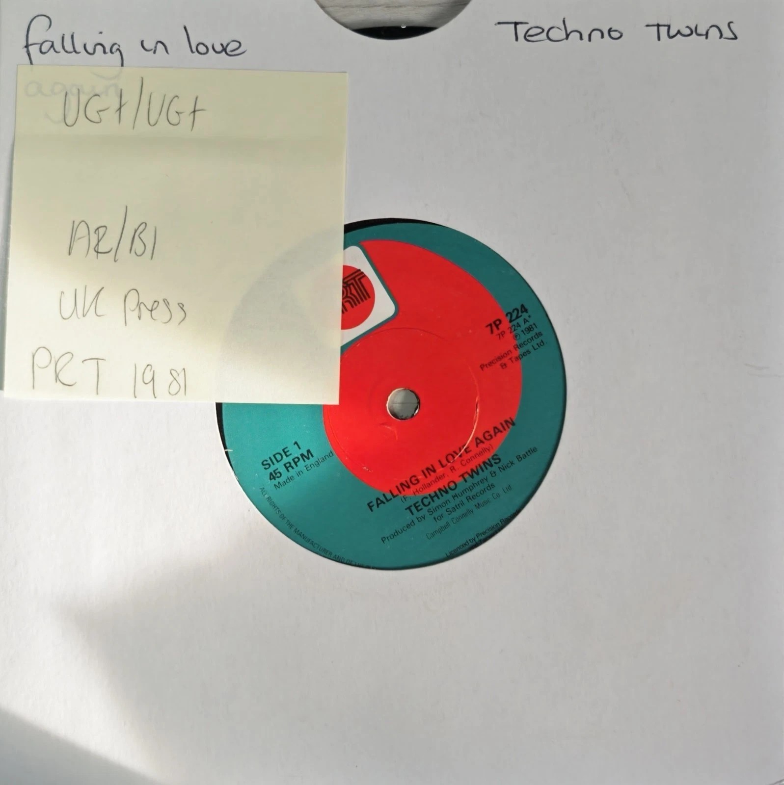 Techno Twins Falling In Love Again Vinyl Record 7" VG+/VG+ 7P224 1981 vinyl record sleeve Techno Twins Falling In Love Again Vinyl Record 7" VG+/VG+ 7P224 1981 vinyl record sleeve