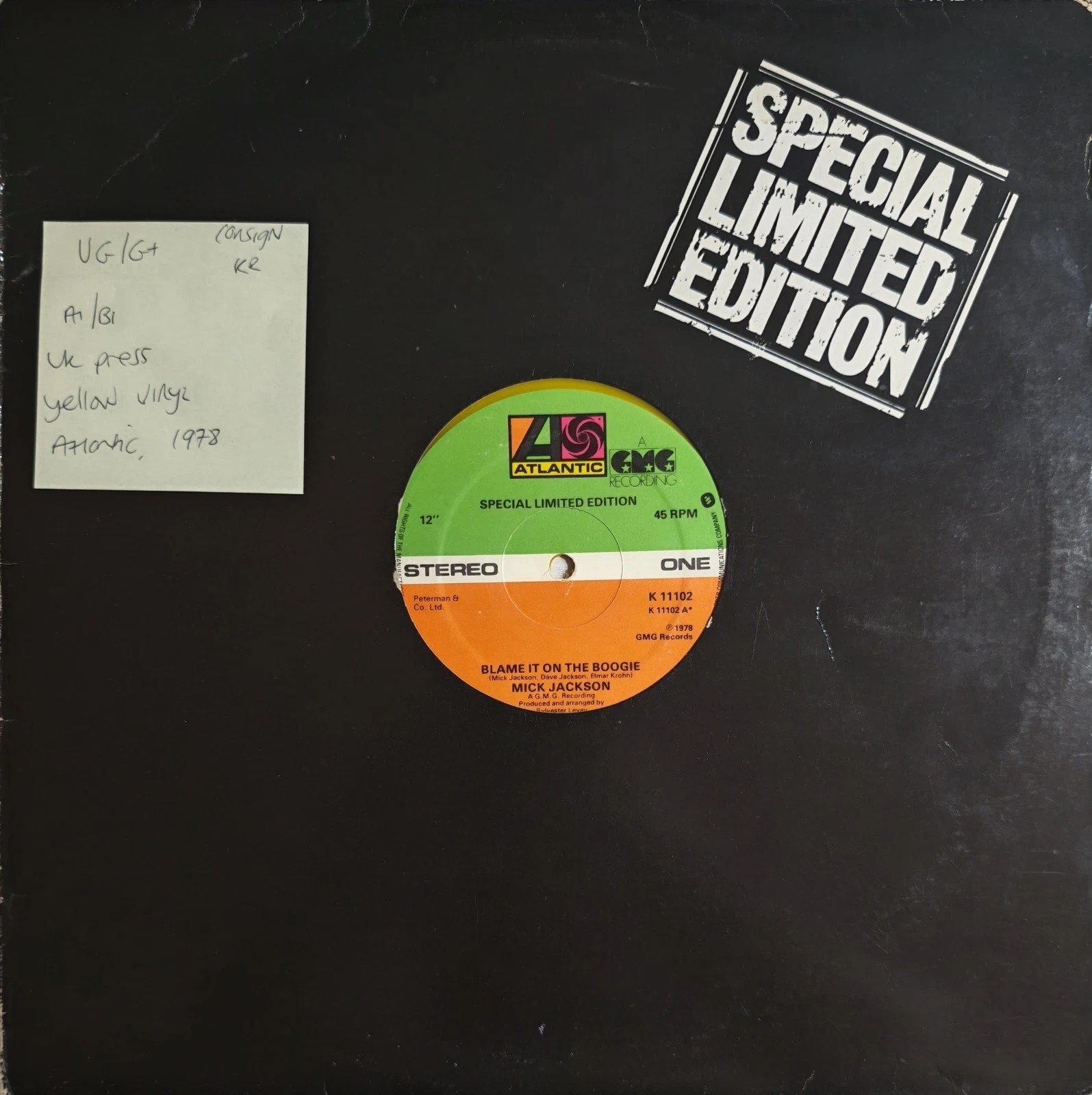Mick Jackson Blame It On The Boogie Yellow Vinyl Record 12" VG/G+ K11102 1978 vinyl record sleeve Mick Jackson Blame It On The Boogie Yellow Vinyl Record 12" VG/G+ K11102 1978 vinyl record sleeve