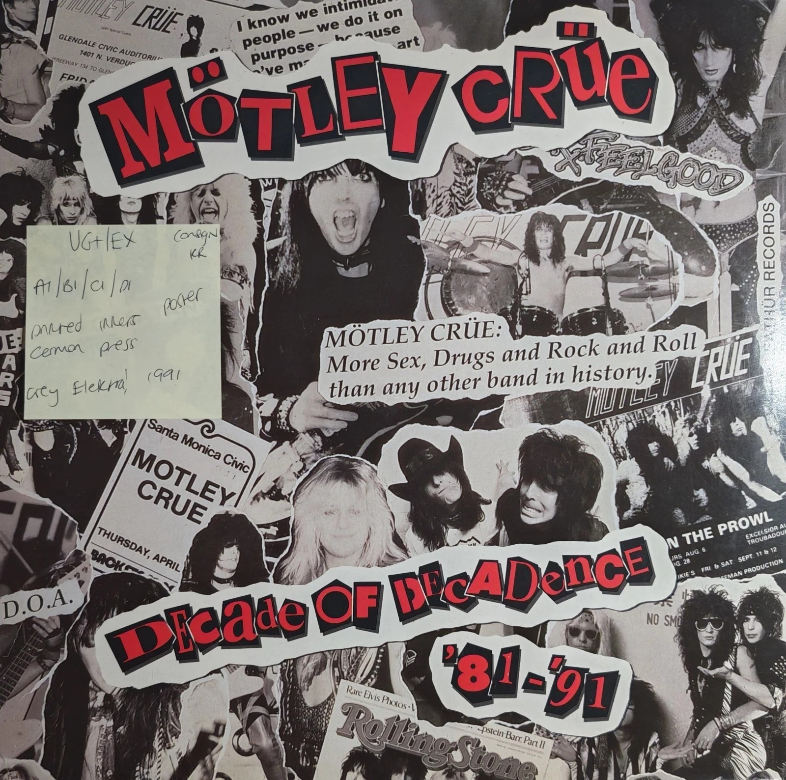 Motley Crue Decade Decadence '81-'91 Vinyl Record 2LP VG+/EX EKT95 1991 Poster vinyl record sleeve Motley Crue Decade Decadence '81-'91 Vinyl Record 2LP VG+/EX EKT95 1991 Poster vinyl record sleeve