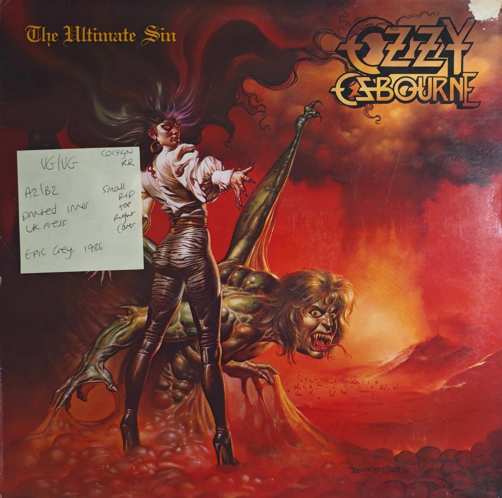Ozzy Osbourne The Ultimate Sin Vinyl Record LP VG/VG EPC26404 1986 vinyl record sleeve Ozzy Osbourne The Ultimate Sin Vinyl Record LP VG/VG EPC26404 1986 vinyl record sleeve