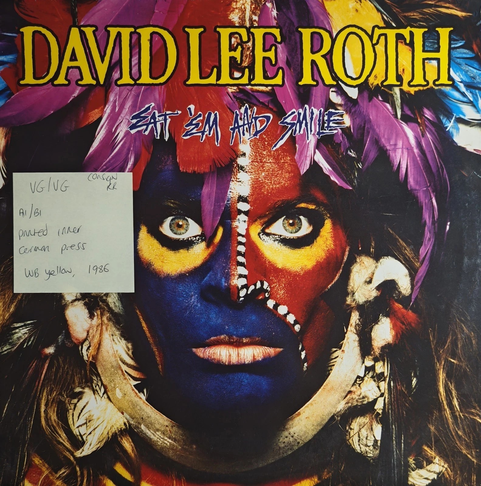 David Lee Roth Eat 'Em And Smile Vinyl Record LP VG/VG 925470-1 1986 vinyl record sleeve David Lee Roth Eat 'Em And Smile Vinyl Record LP VG/VG 925470-1 1986 vinyl record sleeve