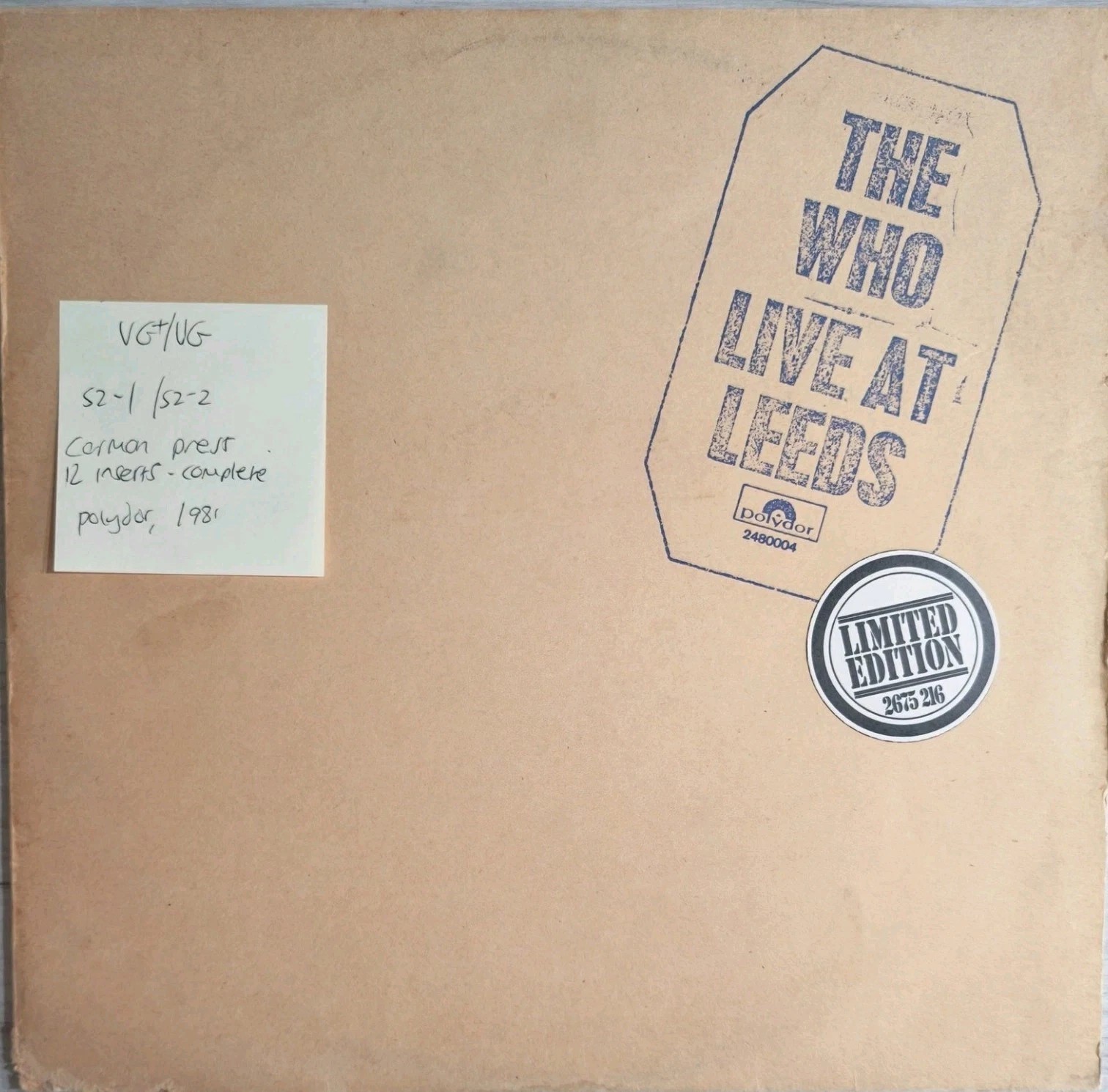 The Who Live At Leeds Vinyl Record LP VG+/VG 2480 004 1981 Complete 12 Inserts vinyl record sleeve The Who Live At Leeds Vinyl Record LP VG+/VG 2480 004 1981 Complete 12 Inserts vinyl record sleeve