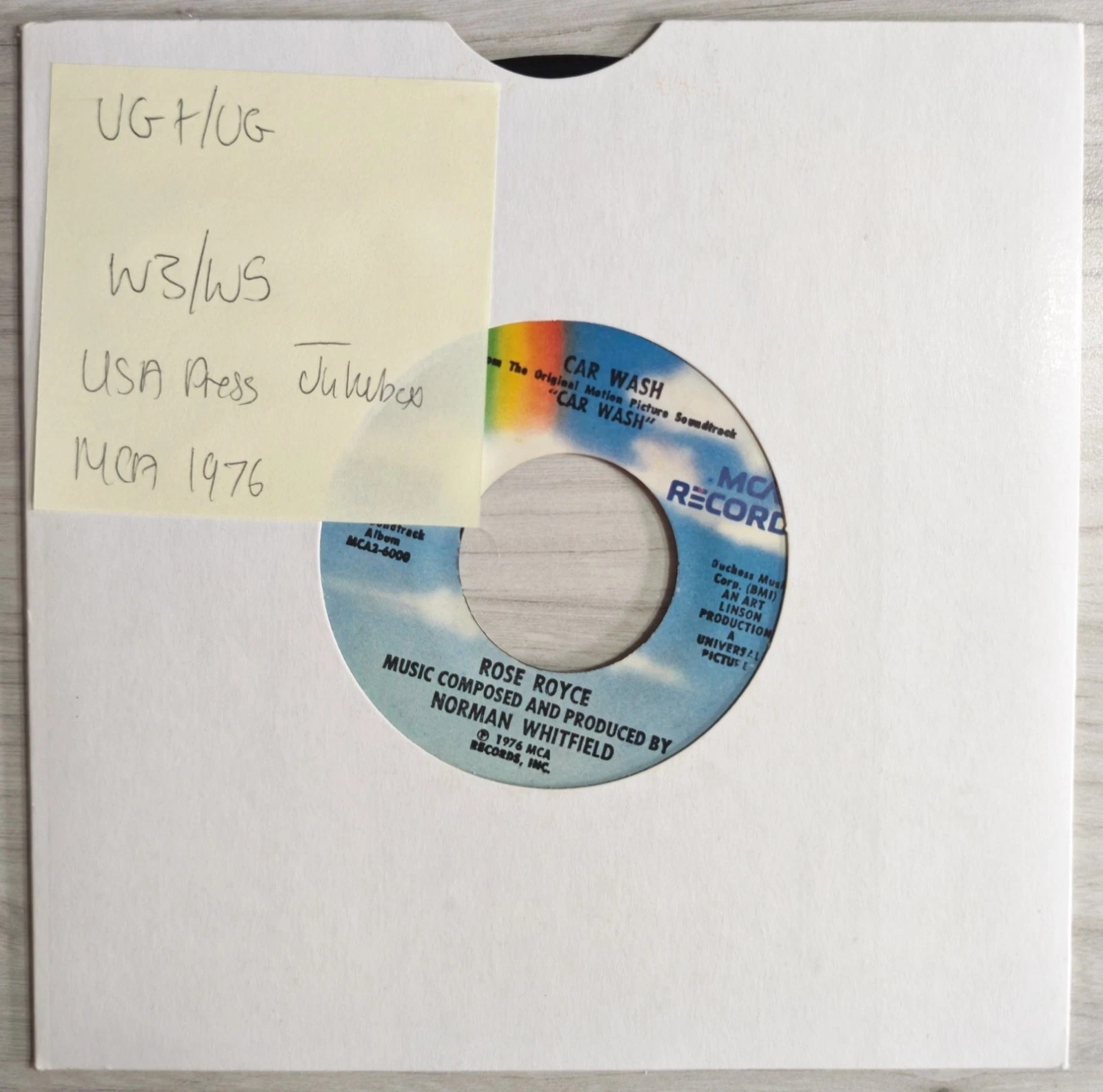 Rose Royce Car Wash Vinyl Record 7" VG+/VG MCA-40615 1976 vinyl record sleeve Rose Royce Car Wash Vinyl Record 7" VG+/VG MCA-40615 1976 vinyl record sleeve