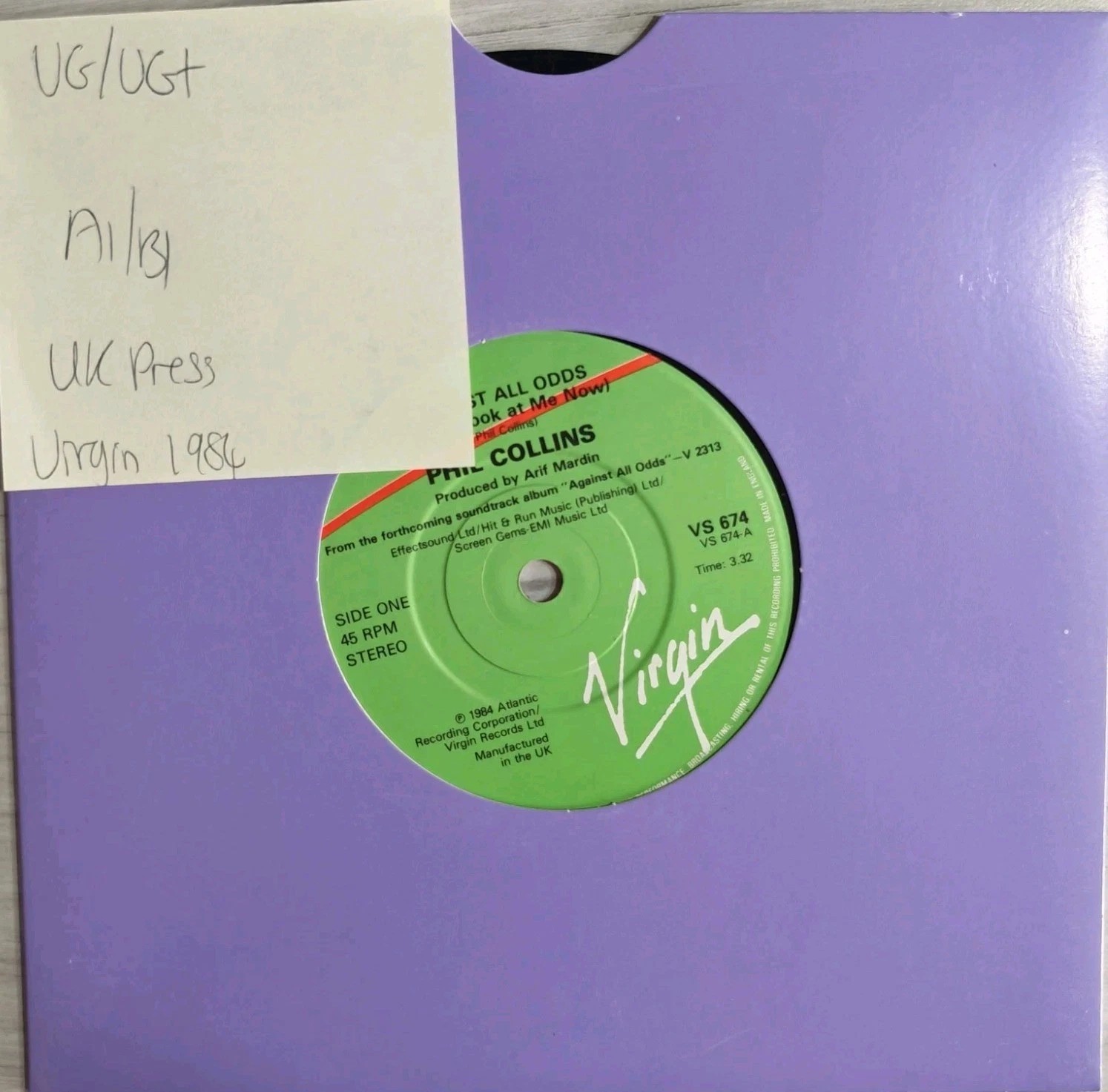 Phil Collins Against All Odds Vinyl Record 7" VG/VG+ VS 674 1984 vinyl record sleeve Phil Collins Against All Odds Vinyl Record 7" VG/VG+ VS 674 1984 vinyl record sleeve