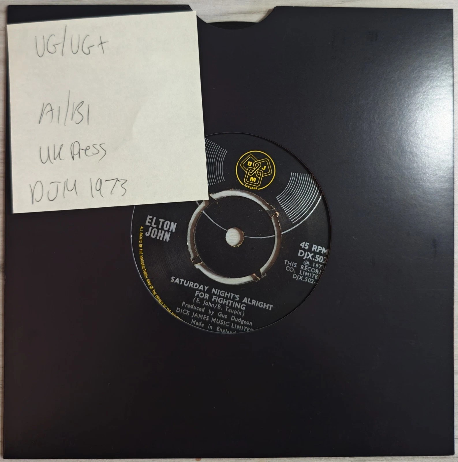 Elton John Saturday Night's Alright Vinyl Record 7" VG/VG+ DJX 502 1973 vinyl record sleeve Elton John Saturday Night's Alright Vinyl Record 7" VG/VG+ DJX 502 1973 vinyl record sleeve