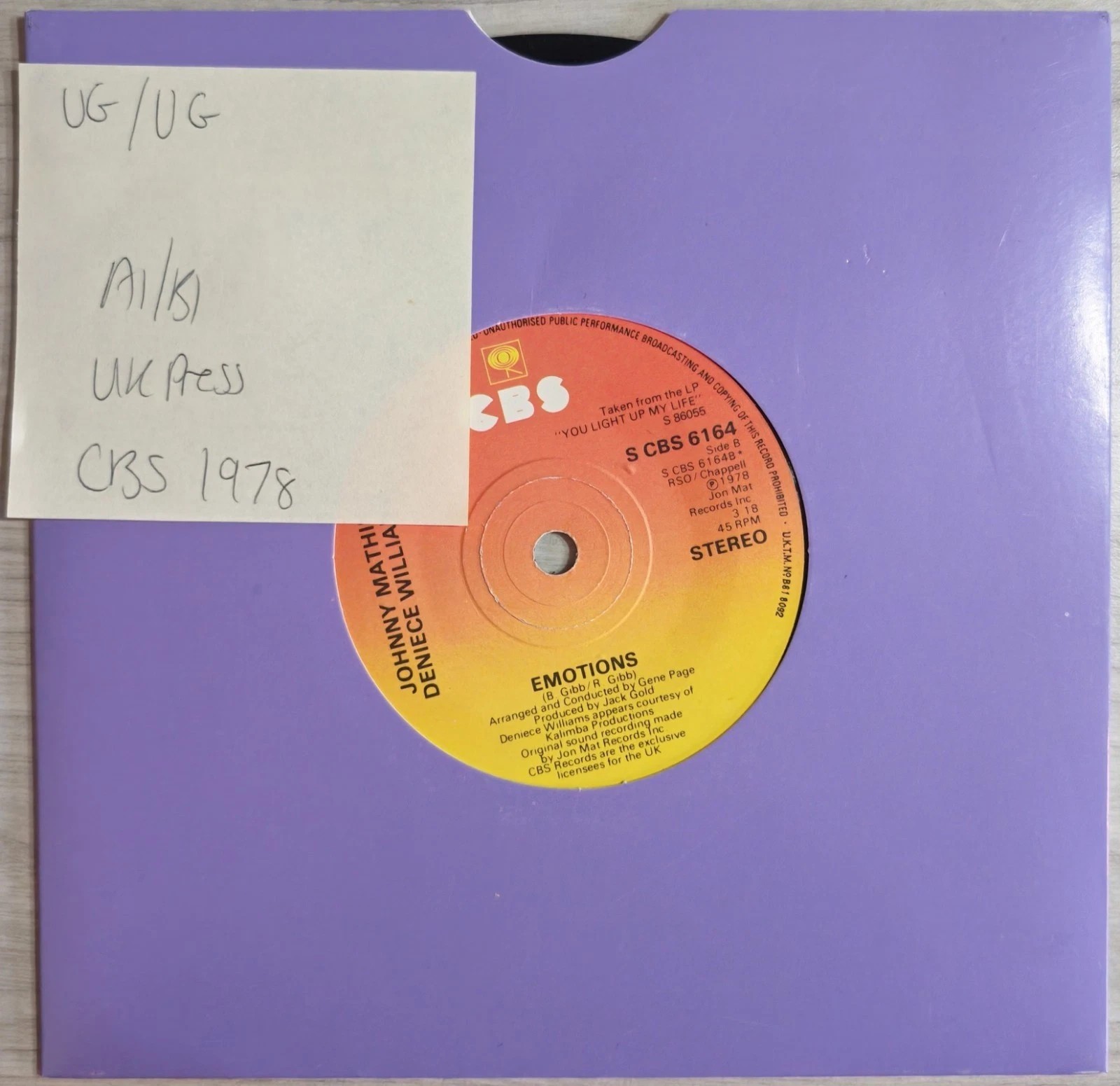 Johnny Mathis & Deniece Williams Too Much Vinyl Record 7" VG/VG S CBS 6164 1978 vinyl record sleeve Johnny Mathis & Deniece Williams Too Much Vinyl Record 7" VG/VG S CBS 6164 1978 vinyl record sleeve