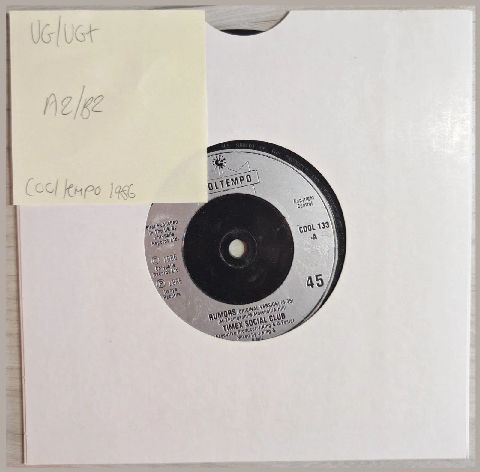 Timex Social Club Rumors Vinyl Record 7" VG/VG+ COOL 133 1986 vinyl record sleeve Timex Social Club Rumors Vinyl Record 7" VG/VG+ COOL 133 1986 vinyl record sleeve
