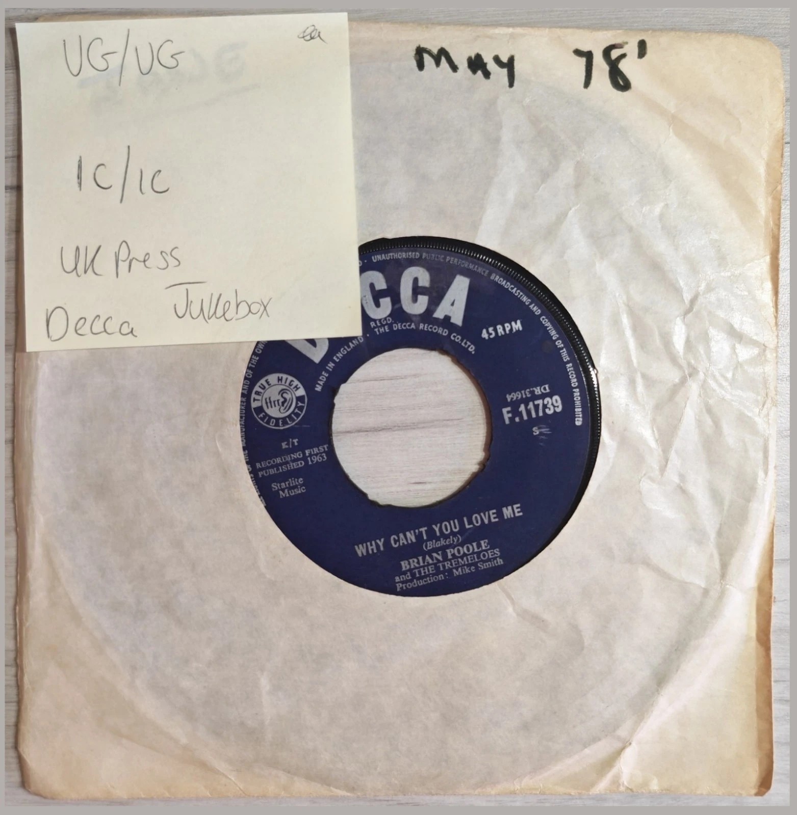 Brian Poole & The Tremeloes Do You Love Me Vinyl Record 7" VG/VG F 11739 1963 vinyl record sleeve Brian Poole & The Tremeloes Do You Love Me Vinyl Record 7" VG/VG F 11739 1963 vinyl record sleeve